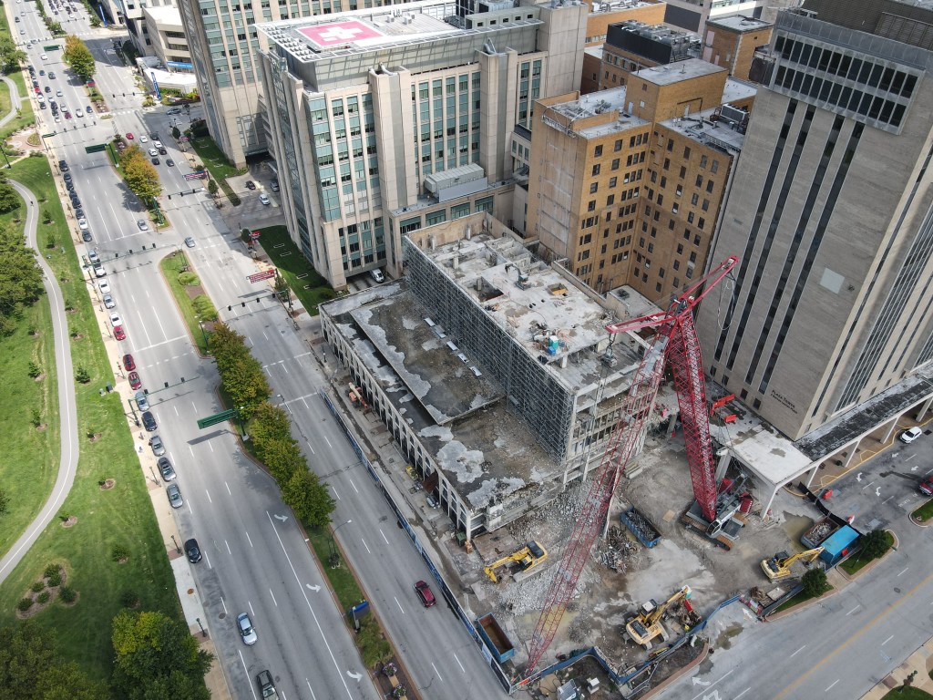 BJC Queeny Tower construction progression with drone video and photography
